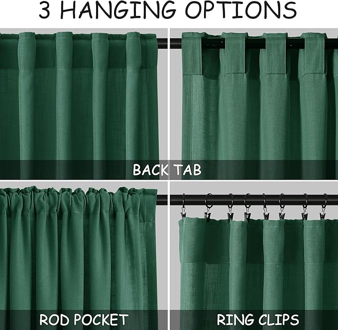 Dark Green Linen Curtains for Living Room 63 Inches Long 2 Panel Set Light Filtering Linen Drapes for Kitchen Windows Rod Pocket Back Tab Short See Through Curtain Country Farmhouse Decor 52x63