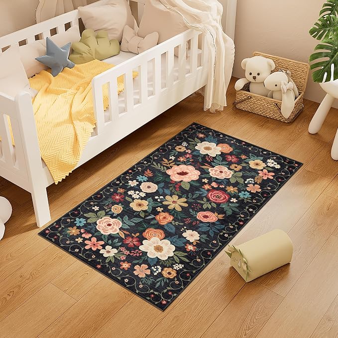 DUKINO 2x4 Entryway Rug, Floral Washable Kitchen Rugs Non Slip, Black | Low Pile, Soft Indoor Runner Rug for Hallway, Bedroom, Bathroom, Laundry, Pet Friendly, Modern Home Decor, Stain Resistant