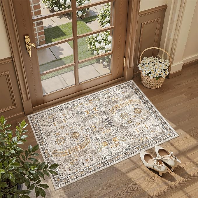 Madane Washable Area Rug 2x3 Small Entryway Rugs Non-Slip, Brown/Gold | Vintage Stain-Resistant Door Mat Indoor Entrance, Low Pile Floor Carpet for Inside Front Bedroom Kitchen Entry Laundry, Stair