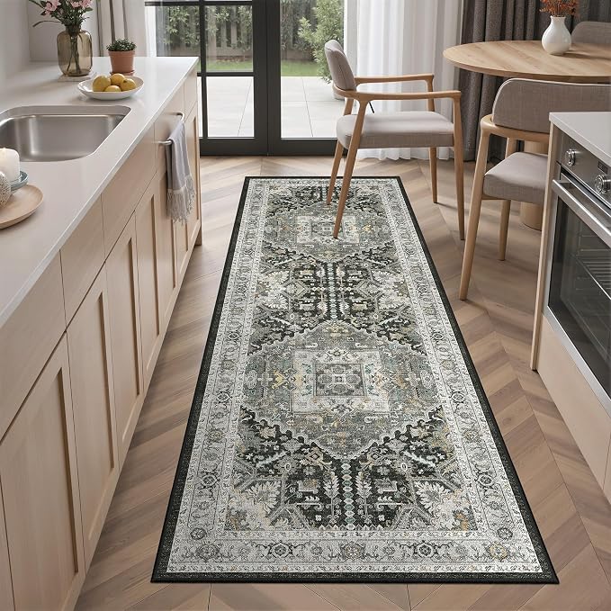 Madane Washable Runner Rug 2x6 Runners for Hallways, Grey Green/Black Olive | Vintage Stain-Resistant 6 Feet Kitchen Rug, Soft Low-Pile Non Slip Floor Carpet Mat for Bathroom Laundry Room Bedroom 2x6ft