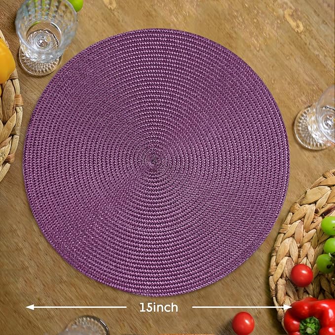 FunWheat Round Braided Placemats Set of 8 Table Mats for Dining Tables Woven Washable Non-Slip Place mats 15 inch(Purple,8pcs)