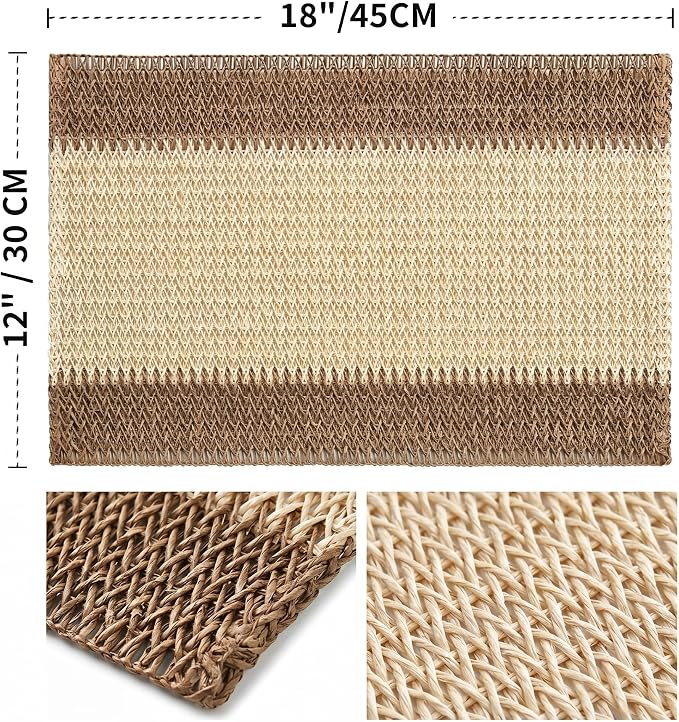 Artoid Mode Brown Paper Woven Farmhouse Stripe Placemats Set of 4,12x18 Inch Seasonal Holiday Table Mats Party Kitchen Dining Decoration