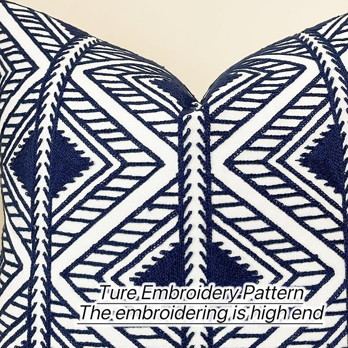 Slow Cow Embroidery Decorative Throw Pillow Cover Geometric Design Cushion Cover 18x18 Inches Navy Blue