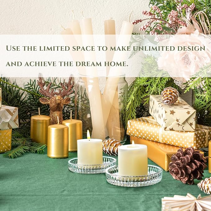 Set of 2 Glass Candle Holder Plates, 3.7'' Round Clear Pillar Candle Holder
