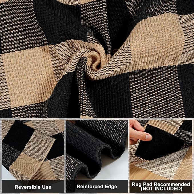 LEEVAN Buffalo Plaid Outdoor Door Mat, Washable Checkered Layering Rug | Small 2x4.3 Black and Tan Rustic Check Entryway Doormat, Hand Woven Cotton Welcome Rug for Front Porch Kitchen Patio Bathroom