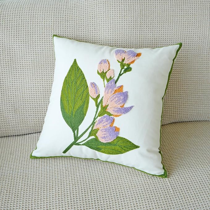 vctops Farmhouse Hibiscus Flowers Cotton Tufted Throw Pillow Cover Spring Floral Embroidery Pillowcase Soft Square Cushion Case for Sofa Couch Bed Chair (Pink Purple,18"x18")