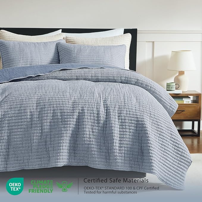 WDCOZY Chambray Pick Stitch King Size Quilt Set, Denim Blue Striped Lightweight Soft Summer Spring Bedspread, Bamboo Linen Like Textured Coverlet, Farmhouse Country Rustic Bedding, Thin Comforter