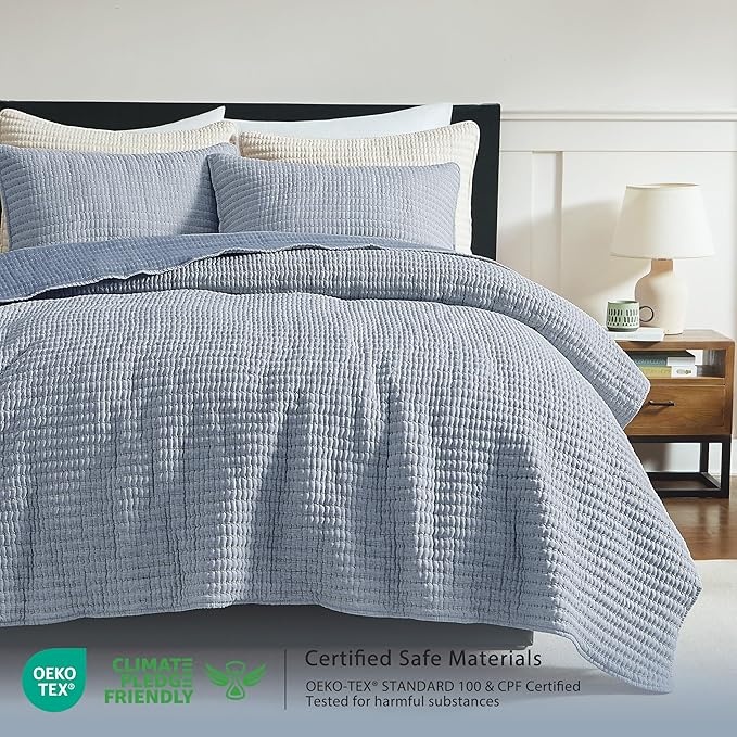 WDCOZY Chambray Pick Stitch Twin Size Quilt Set, Denim Blue Striped Lightweight Soft Summer Spring Bedspread, Bamboo Linen Like Textured Coverlet, Farmhouse Country Rustic Bedding, Thin Comforter