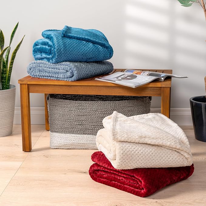 PAVILIA Dusty Blue Fleece Throw Blanket for Couch Sofa Bed, Soft Fuzzy Waffle Jacquard Microfiber, Warm Lightweight Fade-Resistant Decorative All Season Throw, 60x80 Twin