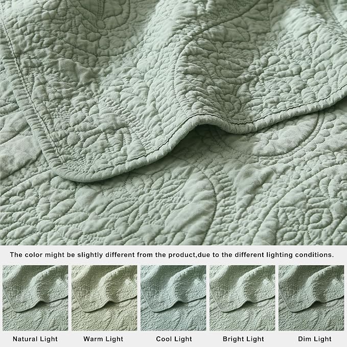 PALASSIO Sage Green Paisley 100% Cotton Quilt King Size Bedding Sets with 2 Pillow Shams, Boho Floral Lightweight Farmhouse Country Vintage Soft Bedspread Shabby Chic Coverlet for All Season, 3 Pieces
