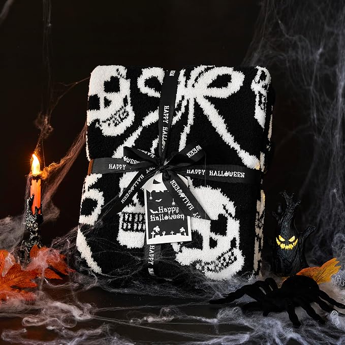 WDCOZY Halloween Throw Blanket Reversible Super Soft Knitted Blankets for Couch Bed Sofa Microfiber Warm Cozy Comfy Lightweight Fall Comfort Fluffy Fuzzy Knit Blanket Cute 60x80 Inches Skull & Bones