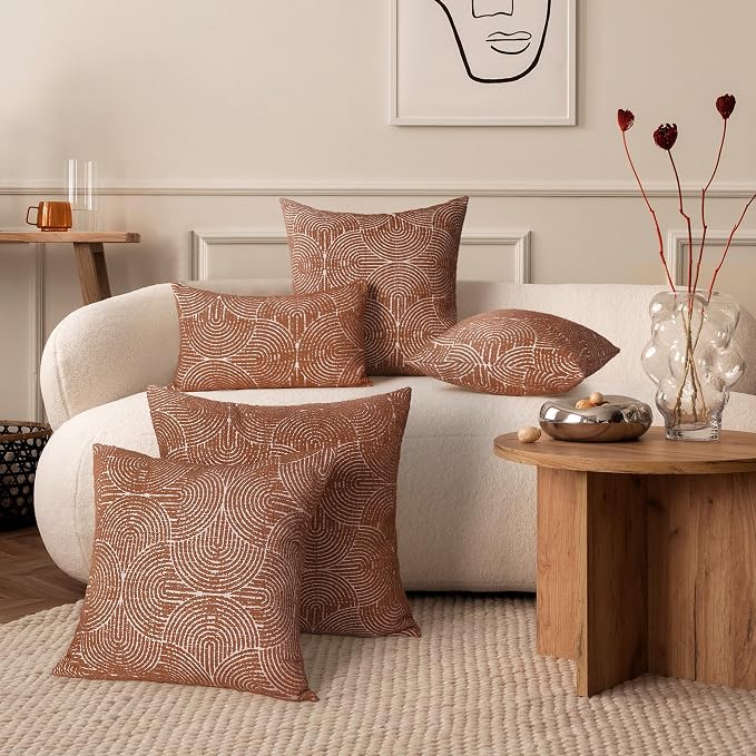 AELS Boho Decorative Textured Throw Pillow Covers 24x24, Modern Mid Century Rainbow Tufted Pillow Case, Farmhouse Rustic Geometric Woven Cushion Case for Bed Couch Sofa, Burnt Orange