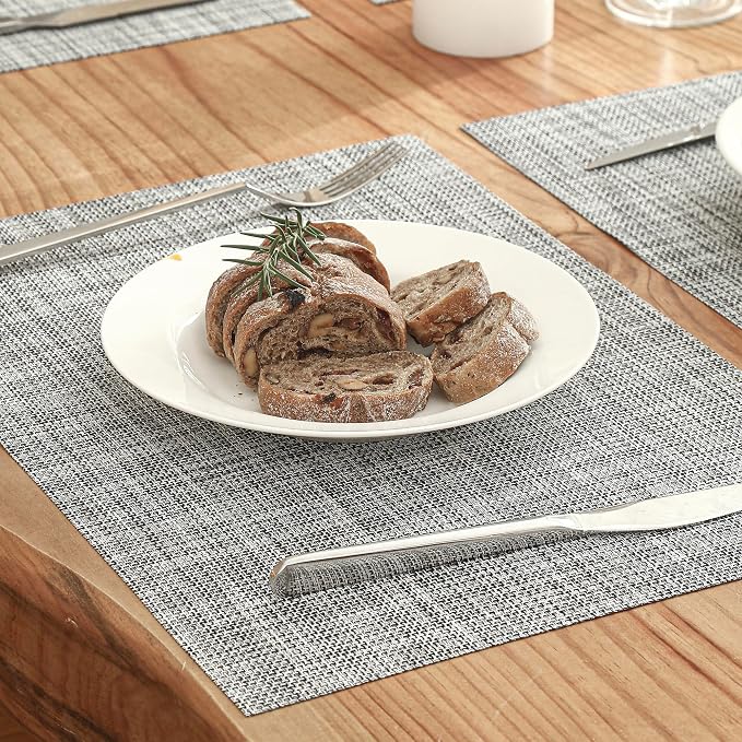 Leetaltree Linen Grey Placemats Set of 8 - Heat Resistant Non-Slip Place mats for Dining Table, Washable Durable PVC Vinyl Woven Table Mats（Linen Grey, 8）