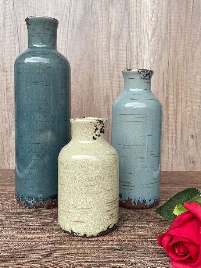 Tenvy Multi-Color Ceramic Crackled Glazed Vase Set 3, Rustic Farmhouse Decorative Vase for Home, Office & Events