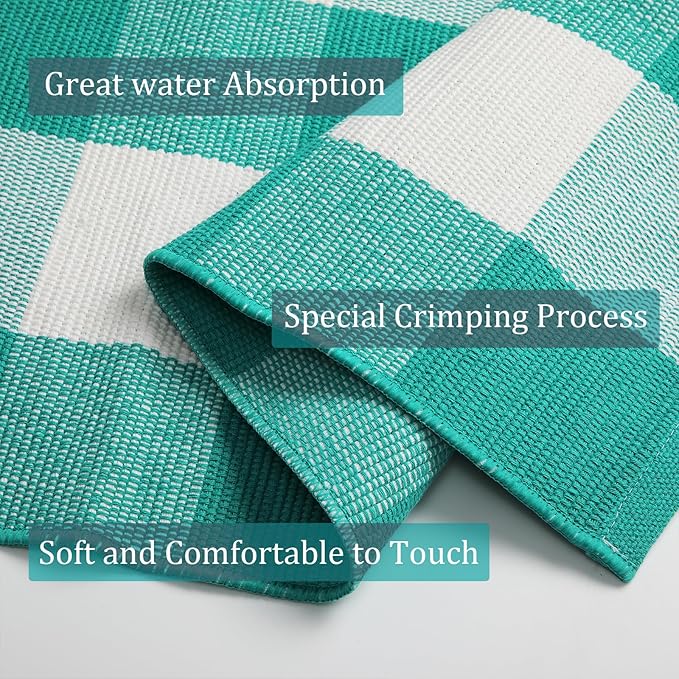 Buffalo Plaid Outdoor Rug 27.5" x 43" Teal Green and White Checkered Area Rug Washable Doormats Indoor Outdoor Rugs for Layered Front Door Mats, Porch, Entryway, Kitchen, Farmhouse