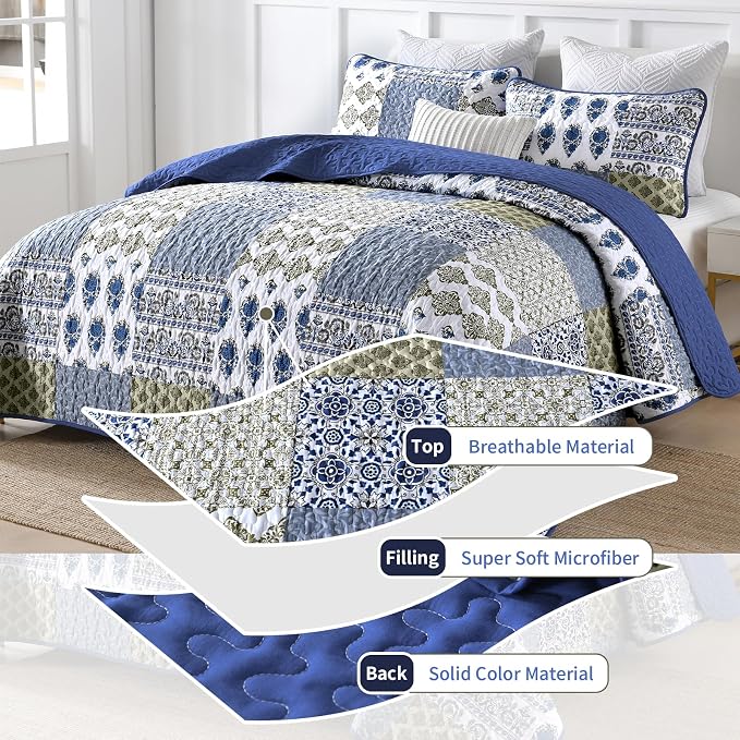 Mybedsoul Boho Quilt King Size, Patchwork Floral Bedding Set, Aqua Blue | Soft Lightweight Microfiber Reversible Coverlet Set, 3 Pieces Plaid Bedspread, Bed Sets for All Seasons 90"x110"