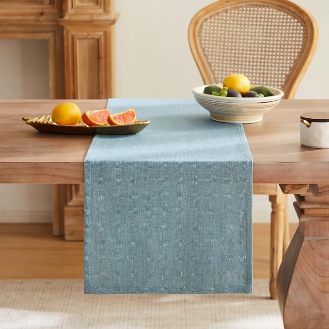 ZeeMart Rustic Cotton Linen Table Runner, 13x36 Inches River Blue | Farmhouse Style Linen Table Runners 36 Inches Long, Washable Kitchen Dining Table Decoration for Home Party Decor