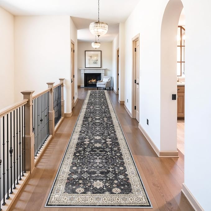 3x20 Washable Hallway Runner Rug - Non-Slip Kitchen Rugs with Rubber Backing Vintage Low Pile Soft Thin Extra Long 20ft Carpet Runners for Indoor Entryway Living Room(Black/Multi,3x20)