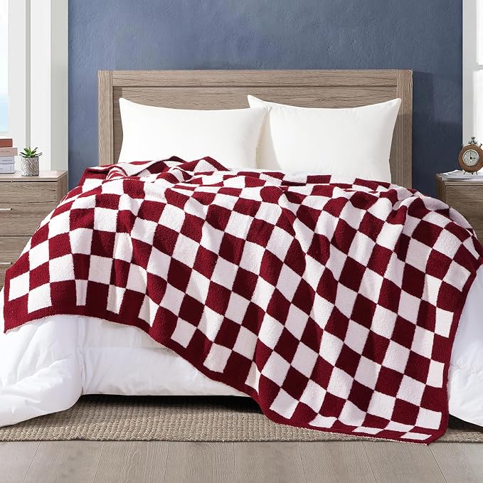Elegant Comfort Premium Checkered Reversible Throw Blanket - Ultra Soft and Lightweight, Luxury Knitted Breathable Fleece for Couch, Bed, Sofa - Warm Velvet Fluffy Throw, 50 x 70 Inch, Burgundy