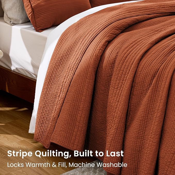 Love's cabin Queen Size Cotton Quilt Set, 100% Cotton Fabric Striped Textured Coverlet with Crinkled Look, Lightweight Quilted Bedspread for All Season, Includes 2 Pillow Shams, Umber