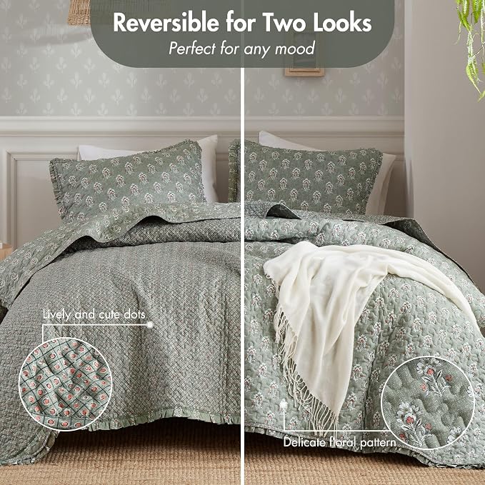 Madison Park Vintage Floral Quilt Set, 3PC King/Cal King Reversible Bed Set | Lightweight Bedspread Set with 2 Shams, Traditional Block Print Coverlets with Ruffled Edge, Sage Green