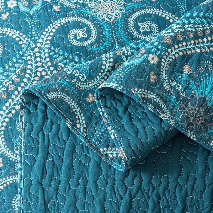 NEWLAKE Cotton Bedspread Quilt Sets-Reversible Patchwork Coverlet Set, Turquoise Classic Royal Pattern, Queen Size