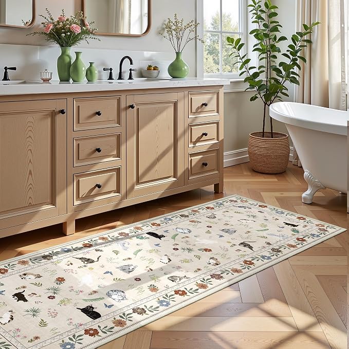 AIMPEAK 2x6 Non Slip Runner Rug - Washable Cat Floral Kitchen Carpet with Rubber Backing, Soft Low Pile Long Mat for Kitchen, Laundry Room, Bedroom, Bathroom, Hallway, Beige Multi