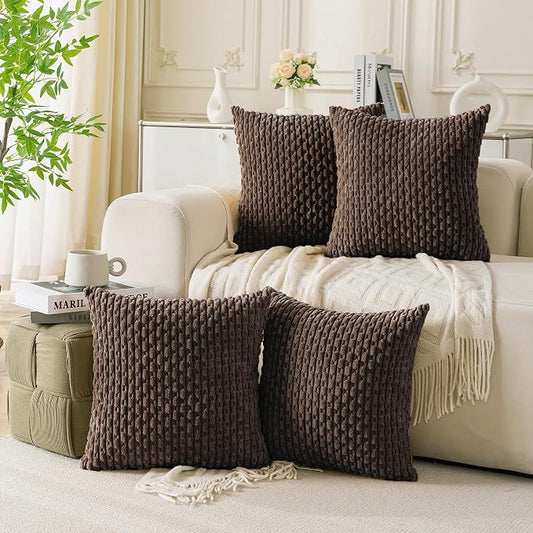 Set of 4 Dark Brown Decorative Throw Pillow Covers 16x16 Inch Corduroy Pillow Covers for Bed Couch Sofa Living Room Soft Square Cushion Cases