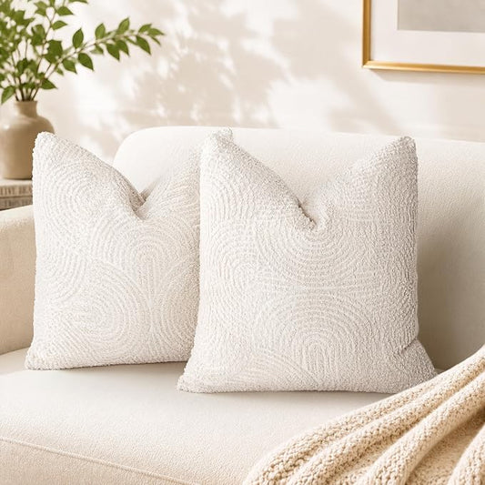 AELS Boho Decorative Textured Throw Pillow Covers 18x18, Modern Mid Century Rainbow Tufted Pillow Case, Farmhouse Rustic Geometric Woven Cushion Case for Bed Couch Sofa, Creamy White