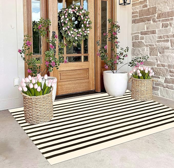 BUAGETUP Black and Beige Outdoor Rug 3'x 5',Striped Washable Porch Rug Cotton Woven Washable Rug Indoor/Outdoor Area Rug Floor Mat for Farmhouse Living Room Bedroom