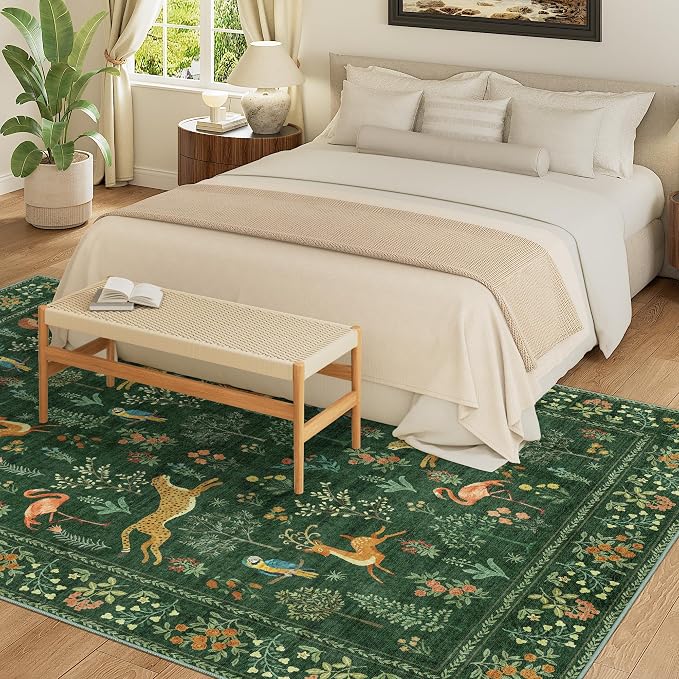 DUKINO 5x7 Area Rugs, Washable Animal Rug for Living Room Non Slip, Green | Low Pile, Soft Indoor Carpet for Bedroom, Kids Room, Dining Room, Pet Friendly, Farmhouse, Stain Resistant, Non-Shedding