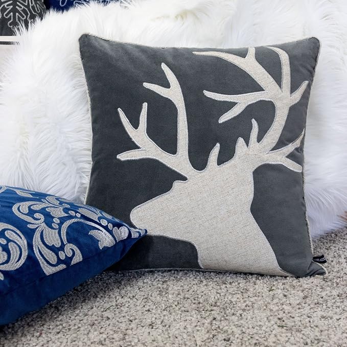 Applique Gray Velvet Throw Pillow Cover, Merry Christmas Series Reindeer Horn Luxury Soft Fuzzy Cozy Warm Slik Decorative Gift Square Couch Cushion Pillow Case 20 x 20 Inch, Cover Only