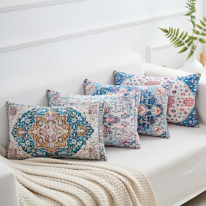 Lumbar Throw Pillow Covers 12x20 Inch Set of 4 Washable BOHO Vintage Style Decorative Throw Pillow Cases Soft Velvet Farmhouse Decor Retro Cushion Covers for Couch Sofa Bed Living Room Outdoor