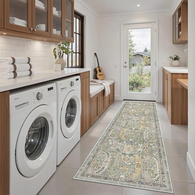 Madane Washable Runner Rug 2x6 Runners for Hallways Non Slip, Green/Gold | Vintage Stain-Resistant 6 Feet Kitchen Rug, Soft Low-Pile Ultra-Thin Floor Carpet Mat for Bathroom Laundry Room Bedroom 2x6ft