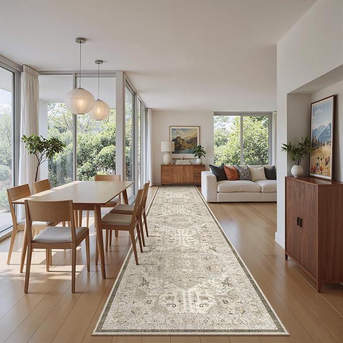 Madane Hallway Runner Rug 2'6''x14' Kitchen Runners Vintage, Ivory/Brown | Long Non-Slip Washable Rugs 14ft for Entryway Laundry and Bedroom, Soft Low Pile Stain-Resistant 2.5x14 Ft Floor Carpet