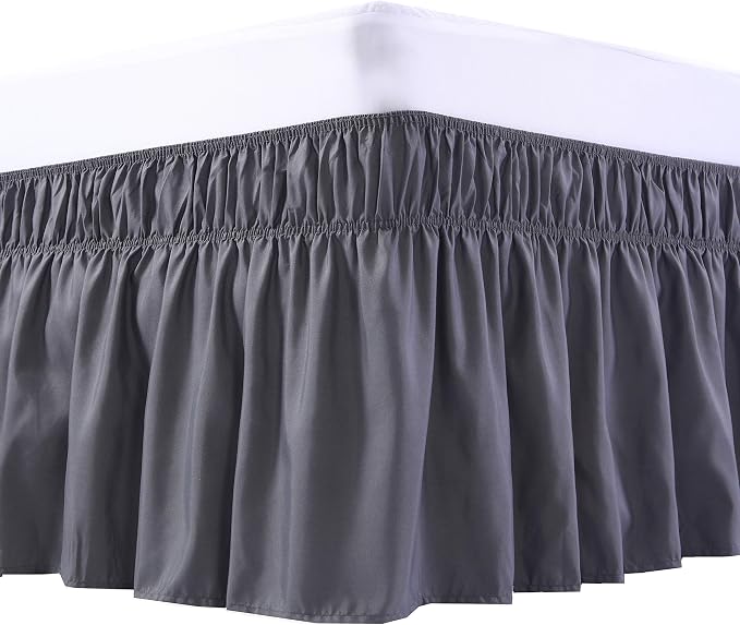 MEILA Wrap Around Bed Skirt for Queen & King Beds, 18" Drop,Dark Grey | Three-Side Adjustable Elastic Dust Ruffle, Ruffled Polyester Fabric, Easy to Install, Fade Resistant & Machine Washable