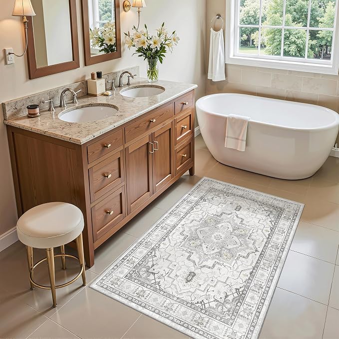 Madane Washable Area Rug 2x3 Small Entryway Rugs Non-Slip, Grey | Vintage Stain-Resistant Door Mat Indoor Entrance, Low Pile Floor Carpet for Inside Front Bedroom Kitchen Entry Laundry, Stair