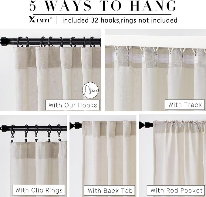 XTMYI 105 Inch Linen Curtains, Semi Sheer Light Filtering Drapes, Back Tab Window Drapes for Living Room Bedroom 2 Panel Set, Oatmeal Beige, 50" W x 104" Long