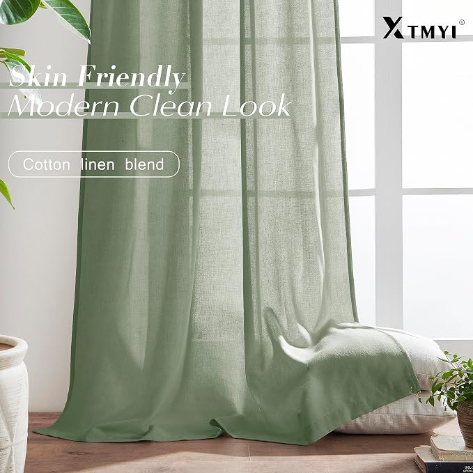 XTMYI Sage Green Back Tab/Hook Belt Linen Cotton Sheer Curtains 45 Inch Length for Bathroom Bedroom 2 Panels Set