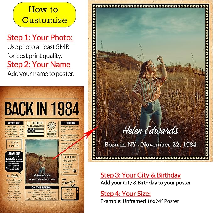 Back in 1984 Poster Sign, Personalized Birthday Gifts Idea, Custom 1984 Historical Birthday Newspaper, Born in 1984 Birthday Party Decorations, Fun Fact for the Day You Were Born, Decor Art Print