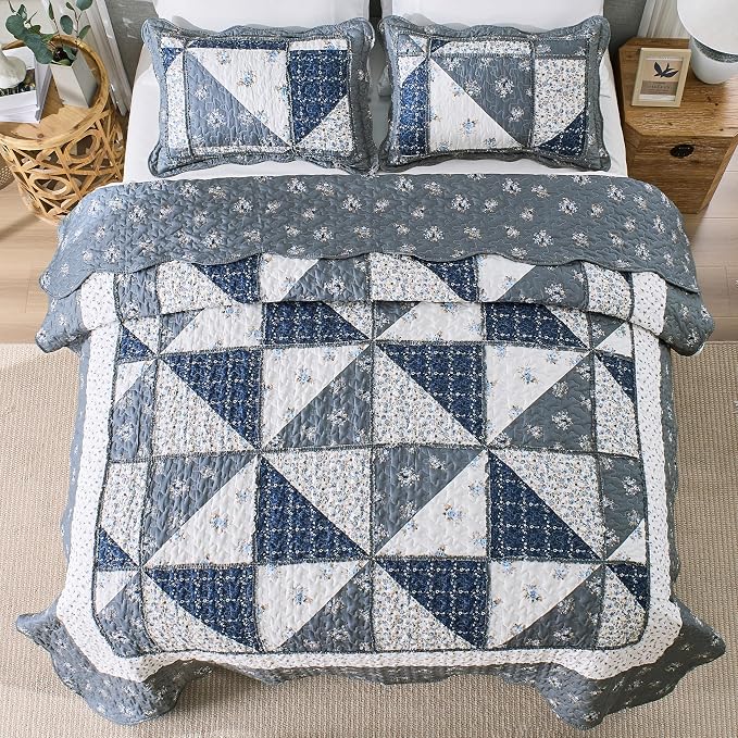 Oversized King Size Quilt Set 128x120 Grey Floral Patchwork Bedspreads Set | 3-Piece Extra Wide Super King Size Bedding Set Rversible Quilted Coverlet Lightweight Comforter Bed Cover with 2 Pillowcases