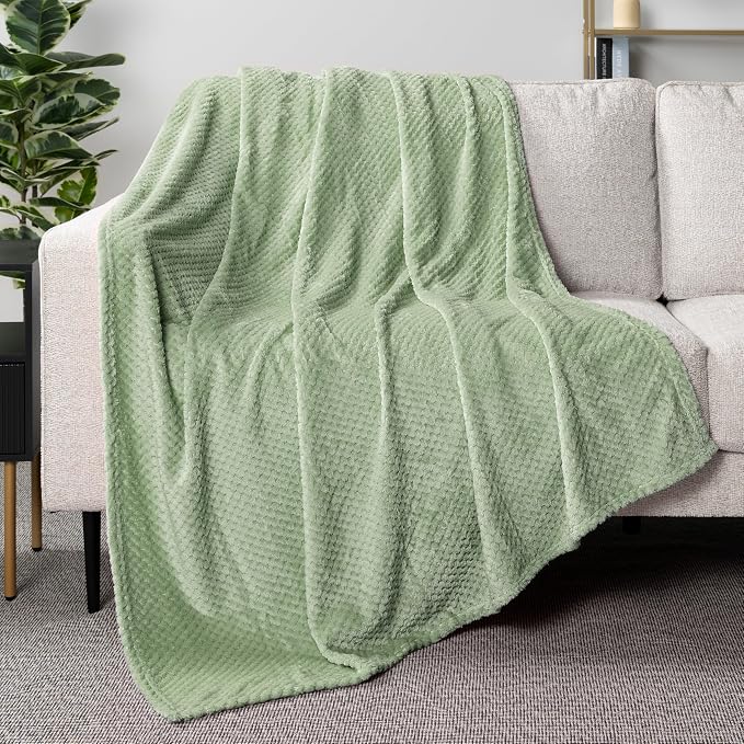 PAVILIA Sage Green Fleece Throw Blanket for Couch Sofa Bed, Soft Fuzzy Waffle Jacquard Microfiber, Warm Lightweight Fade-Resistant Decorative All Season Throw, 60x80 Twin