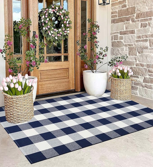 Outdoor Rug 3'x5'Blue and White Buffalo Checkered Rug Cotton Woven Machine Washable Farmhouse Front Porch Rug Door Mat Outdoor for Entryway,Patio,Bedroom,Hello Welcome Mat