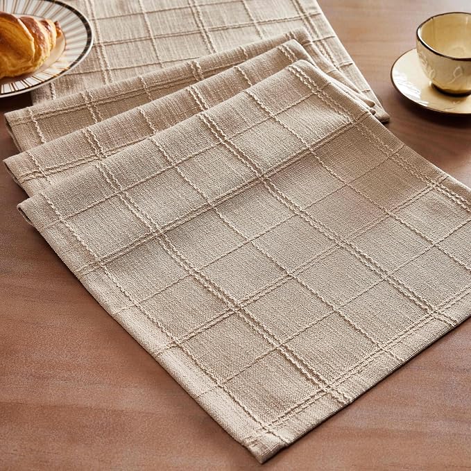 ZeeMart Linen Checked Farmhouse Table Runner, 13x108 Inches Taupe | Raised Grid Design, Rich Woven Texture, Linen Blend Table Runners 108 Inches Long, Machine Washable, Boho Home Kitchen Decor