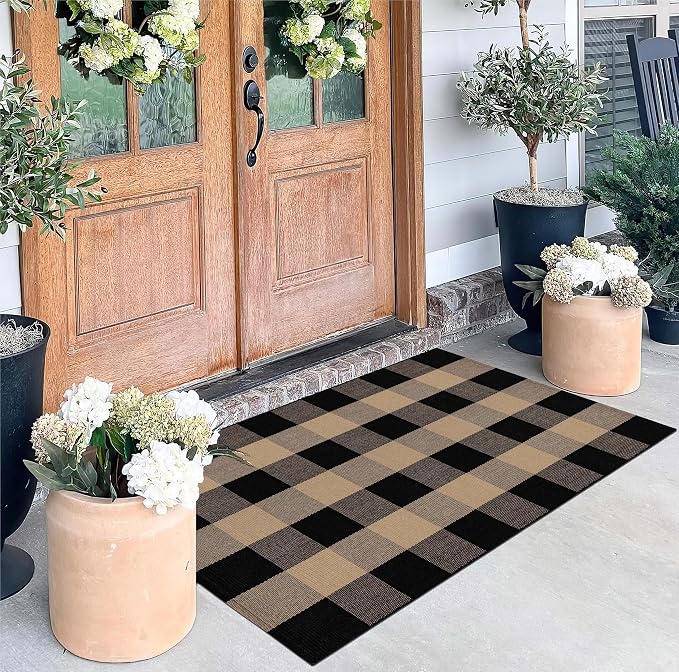 Khaki and Black Outdoor Rug 27.5''x 43.3''Checkered Layered Doormat Cotton Woven Washable Farmhouse Door Mats Outdoor for Front Porch,Entryway,Bedroom,Patio