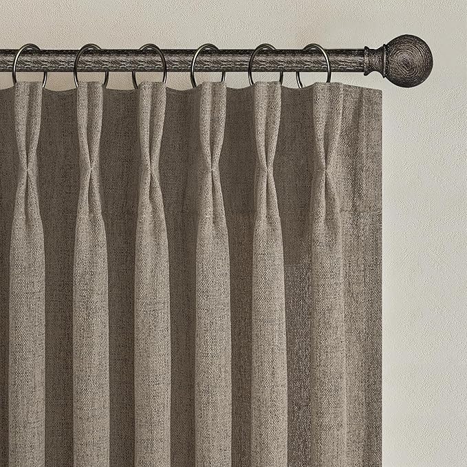 Extra Short 45 Inch Dark Flax Light Filtering Kitchen Curtains 2 Panels Set, Memory Trained Pinch Pleated Farmhouse Mini Windows Drapes Linen Semi Sheer 40 x 45 Inches Length Curtain for Basement