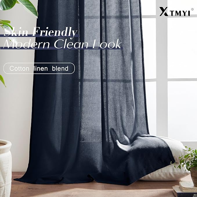 XTMYI Navy Blue Curtains 84 Inch Lengh,Linen Sheer Back Tab Hooks Pleated Light Filtering Dark Blue Kids Curtains for Boys Bedroom Living Room 2 Panel Set,Midnight/Indigo