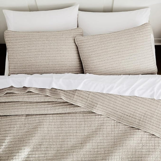WDCOZY Taupe Queen Size Pick Stitch Quilt Set, 3 Pieces 90x90 inches | Striped Lightweight Bedspread, Channel Farmhouse Coverlet, All Season Bedding Comforter, Textured Linen-Like, 2 Pillow Shams