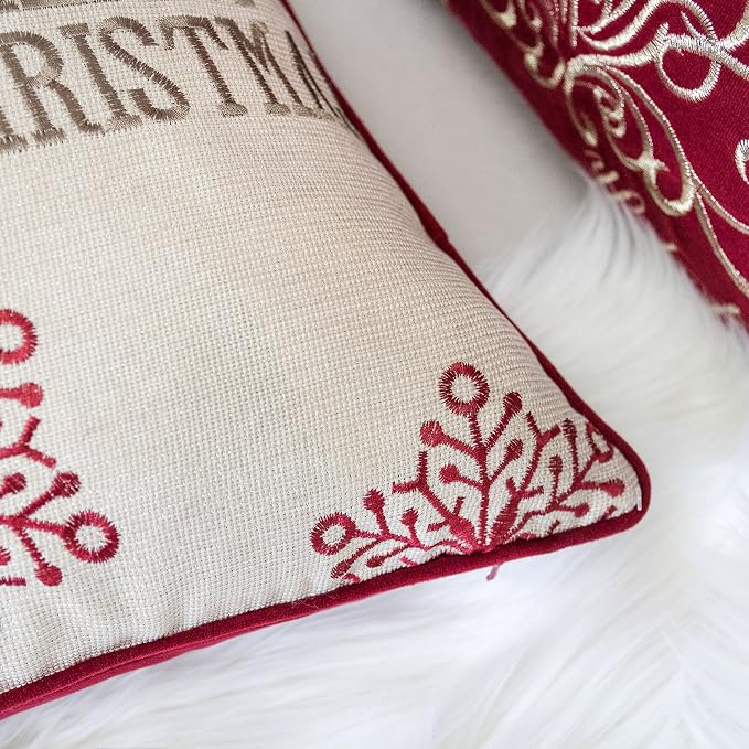 Embroidery Velvet Throw Pillow Cover, Merry Christmas Series Reindeer Tree Luxury Soft Fuzzy Cozy Warm Slik Decorative Gift Square Couch Cushion Pillow Case 20 x 20 Inch, Cover Only