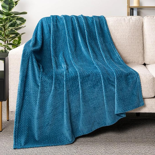 PAVILIA Soft Fleece Teal Blue Throw Blanket for Couch, Lightweight Plush Warm Blankets for Bed, Fuzzy Cozy Flannel Blanket Throw for Sofa, Travel, Jacquard Pattern, Teal Blue, 50x60 inch